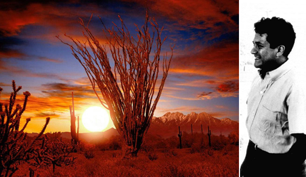 Слева закат над мексиканской пустыней, справа Карлос Кастанеда