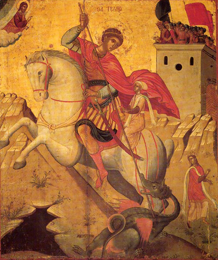 Георгий, побивающий Змея. Женщина на этой иконе двоится. Она и на крупе коня Змееборца, и около Змея