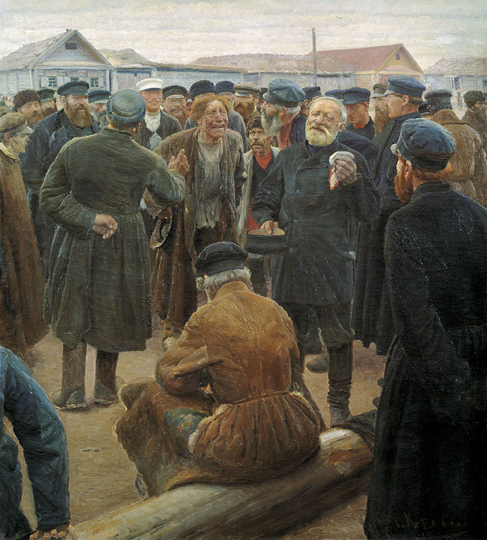 Сергей Корвин. На миру. Изображен сход той самой «первобытной общины с круговою порукой», которая, как предсказывает Свияжский, «сама собой распадается». Вообще-то после уничтожения Свияжских община превратится в колхоз