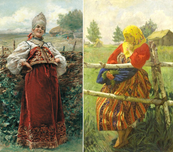 Еще две молодайки. Обе картины называются «У околицы». Слева работы Константина Маковского, справа Ивана Куликова