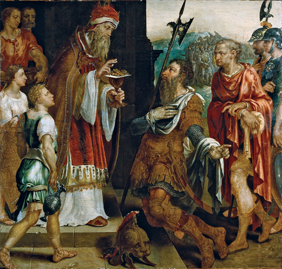 Мельхиседек благословляет Авраама после того, как последний победил врагов, напавших на его племянника Лота. Авраам справа, изображен в виде рыцаря. Картина Мартена ван Хемскерка. 16 век.