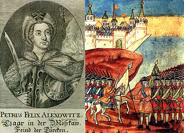 Слева Петр I, справа он в во время Первого Азовского похода