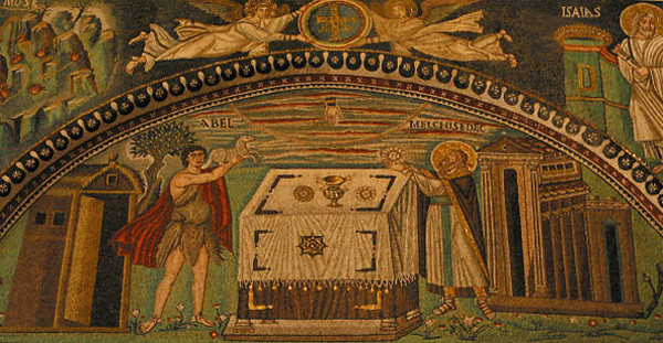 Жертвоприношение Авеля и Мельхиседека. Авель жертвует агнца, Мельхиседек – хлеб и вино. Мозаика в церкви Сан-Витале, Равенна. Средина 6 века