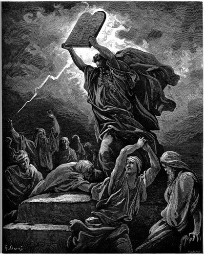 Моисей приносит с горы Синай скрижали закона. Это сопровождается громами и молниями, наводящими ужас на народ. Гравюра Густава Доре