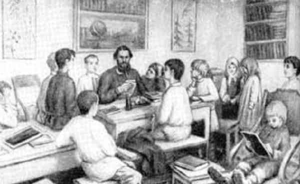 Лев Толстой учит детей в яснополянской школе