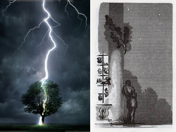 Слева молния попадает в дерево, справа иллюстрация к роману «Анна Каренина», на которой изображен то ли Толстой, то ли Левин, опирающийся на колонну, из которой вырастают ветви дуба
