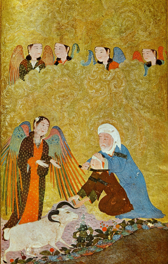 Авраам (Ибрагим) приготовился зарезать Исаака. Миниатюра из Шираза. 1410 год