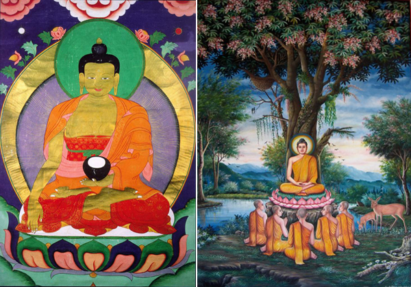 Слева Будда, тибетская икона (в руках у него чаша для сбора подаяния, которую вполне можно интерпретировать как пупок). Справа Будда под деревом проповедует ученикам. В обоих случаях Будда сидит на цветке лотоса