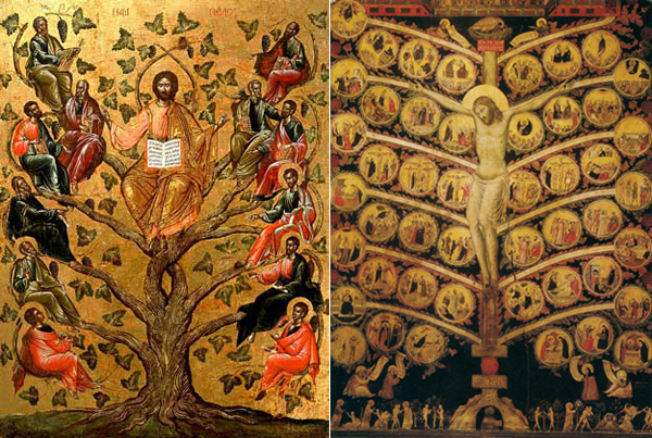 Слева Иисус и 12 апостолов на Древе жизни, православная икона. Справа Иисус на кресте в виде Древа жизни, флорентийское изображение 14-го века