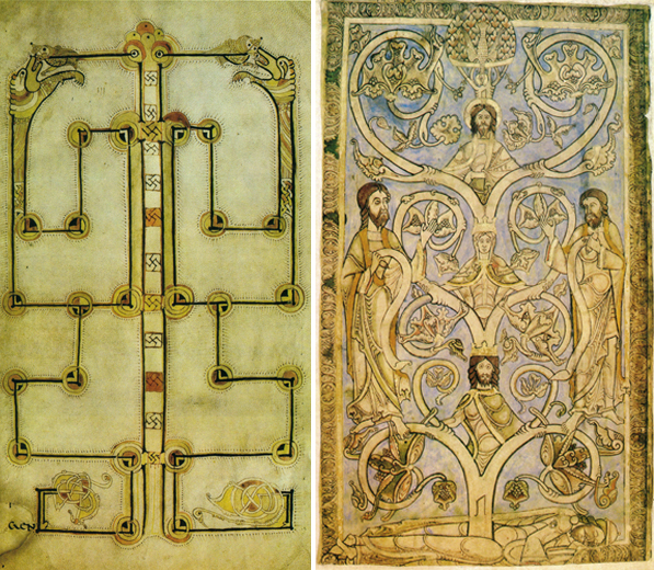 Миниатюра слева изображает Мировое Древо в представлении ирландских язычников. По бокам два дракона, 12 свастик на стволе – солярные знаки, указывающие на годовой круг. Миниатюра справа (1140-60 гг.) представляет собой иллюстрацию к следующему тексту пророка Исайи: «И произойдет отрасль от корня Иессеева, и ветвь произрастет от корня его; и почиет на нем Дух Господень, дух премудрости и разума, дух совета и крепости, дух ведения и благочестия» (11:1,2). От корня Иессеева растут по стволу последовательно царь Давид, Мария и Иисус.
