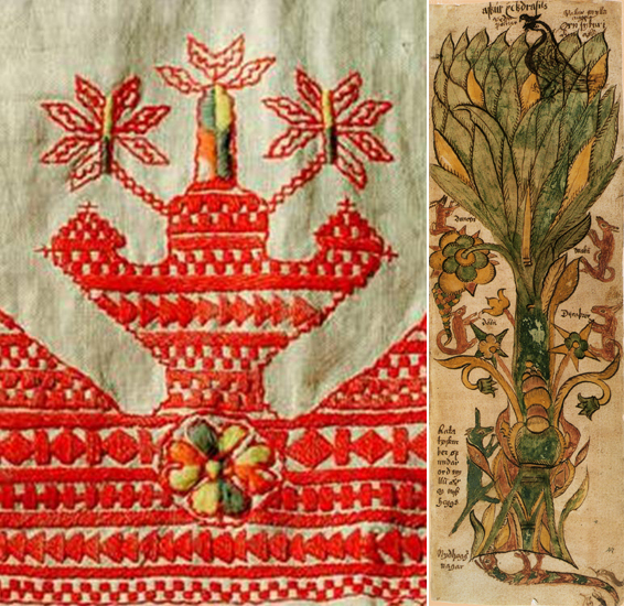Слева русская вышивка древа на полотенце. Справа Иггдрасиль в исландском манускрипте 17-го века