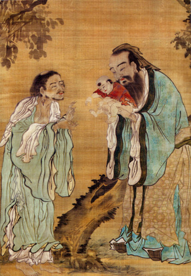 Конфуций показывает младенца Гаутаму Будду Лао-цзы. Картина эпохи династии Цинн