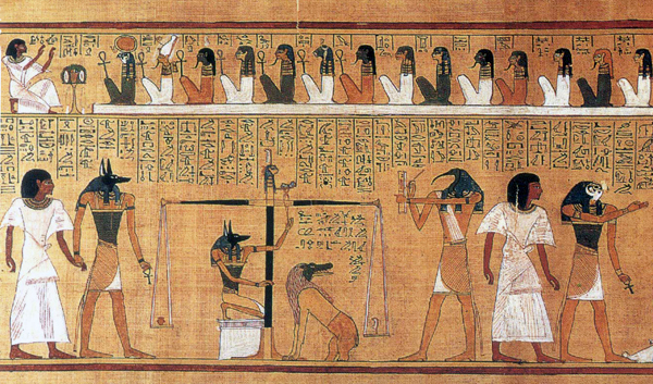Суд Осириса. Анубис взвешивает сердца умершего. Рисунок из египетской «Книги мертвых»