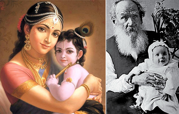Слева Кришна со своей матерью Яшодой. Справа Толстой со своей внучкой Таней