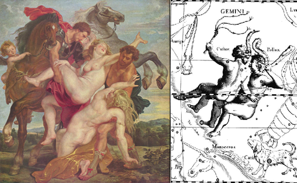 Слева картина Питера Пауля Рубенса "Похищение Диоскурами дочерей Левкиппа". Справа созвездие Близнецов из "Атласа звездного неба" Яна Гевелия