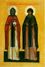 Слева преподобный Ефрем Новоторжский, справа его ученик Аркадий Вяземский. Их мощи лежали в Борисоглебском соборе в симметричных приделах. Парность - великая вещь