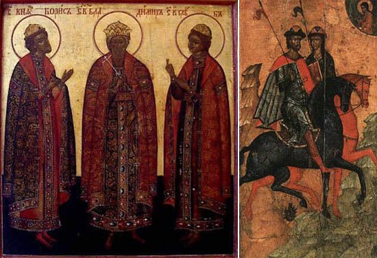 На левой иконе Борис и Глеб с их отцом Владимиром (он в центре). На правой - Борис и Глеб конники