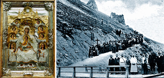 Слева икона Сицилийской Богородицы. Справа - крестный ход в дореволюционном Успенском Дивногорском монастыре. Хорошо видны Большие Дивы на склоне. В левом верхнем столпе вырублена пещерная церковь Сицилийской иконы
