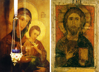 Слева икона Цареградской Богородицы, справа Спас Елезаровский. Этот Спас был явлен во Пскове в 1352 году. Он прославился чудесами в псковском Великопустынском монастыре. Потом был перенесен в Елезарово. Сейчас в Псковском музее