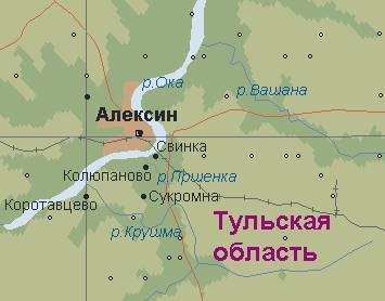 Алексинский район Тульской области располагается по обоим берегам Оки. Так же, как и сам город Алексин, чего на этой карте, к сожалению не видно