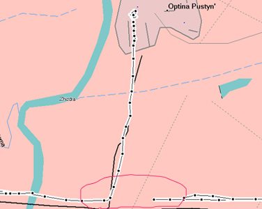 Это распечатка моего пути, зафиксированная GPSом. Из Козельска (он на западе, за Жиздрой) я поехал в Оптину, и в какой-то момент сигнал со спутников там пропал, так что дальнейшие передвижения не фиксировались. Сигнал вернулся на Козельской дороге, когда я повернул в сторону Чертова городища (на восток). Когда же я через некоторое время возвращался с Чертова, то у поворота на Оптину сигнал пропал снова, но вскоре (на мосту через Жиздру) вернулся. Место на дороге, где сигнал пропадал и возвращался, обведено красной линией