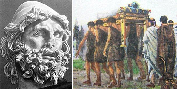 Слева голова Одиссея. Справа похороны Эльпенора после возвращения на остров Цирцеи
