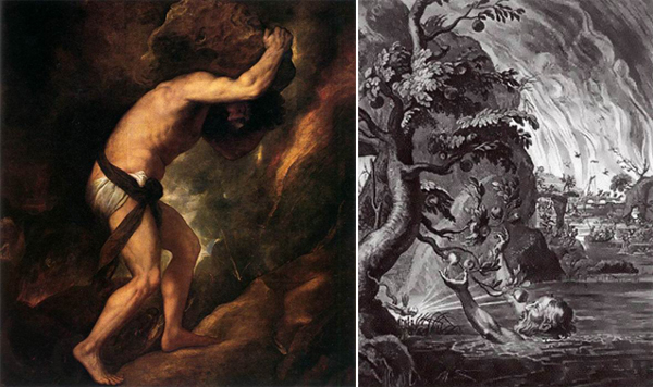 Слева Сизиф, картина  работы Тициана. Справа Тантал, его муки, в сущности, вариант мук Сизифа: невозможность достигнуть желаемого. Одиссей, конечно, видит в аиде и картинку танталовых мук