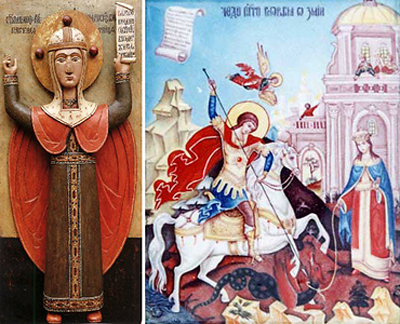 Слева скульптурная икона Параскевы Пятницы. Вообще, Церковь видела в скульптурных изображениях идолов и старалась искоренить изваяния. Исключения делались лишь для икон Параскевы, Николы, реже – для Георгия Победоносца, еще реже для других святых. Слева икона "Чудо Георгия о Змии". На самом деле это русская троица: Перун, Волос, Мокошь. Или в христианской терминологии: Георгий, Никола, Пятница. Пятница держит Николу на поводке, который символизирует неразрывную связь, неподвластную козням Георгия