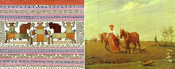 Слева русская вышивка, изображающая Мокошь (в центре) и двух коней. Справа картина Венецианова с тем же сюжетом