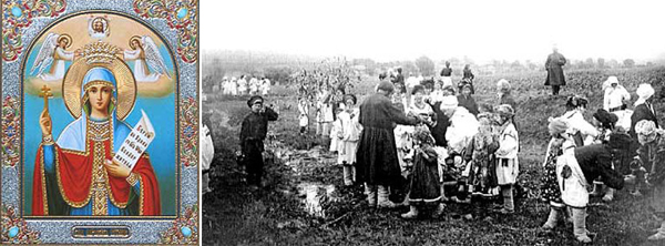 Слева современная икона Параскевы Пятницы. Справа моление мордвы у родника. Фото Евсеева, 1922 год