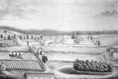 Вид на Лопотов монастырь, литография 1858 года. По этой картинке можно разобраться в расположении церквей, которые стоят вдоль ограды у реки. Слева церковь Григория Пельшемского с пристроенным к ней зданием и колокольней, которые сейчас почти совершенно разрушены, а справа церковь Собора Богородицы. Между прочим, в 1832 году настоятелем монастыря был назначен знаменитый Игнатий Брянченинов. В тот момент монастырь был в самом ужасном состоянии (сам игумен жил в сторожке у входа). Усилиями Игнатия он быстро стал приходить в цветущее состояние. Но такая номенклатурная фигура, как Брянчанинов, конечно, не могла долго задержаться в глухом заштатном монастыре, уже в конце 1833 года он был переведен архимандритом в Троице-Сергиеву Приморскую пустынь под Петербургом