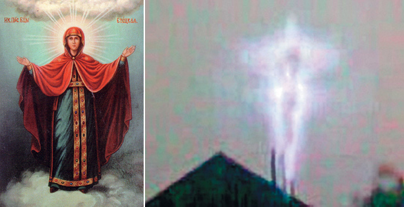 Слева Елецкая Богородица, справа призрачная фигура над горой Аргамач, снятая на телефон  