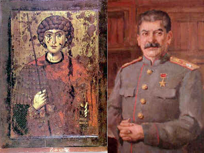 Слева - святой Георгий Победоносец, справа - Иосиф Сталин, тоже человек военный.