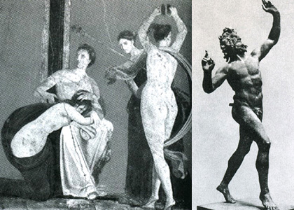 Слева - фрагмент фрески из виллы Мистерий в Помпеях. Справа - танцующий фавн из Дома фавна в Помпеях. 