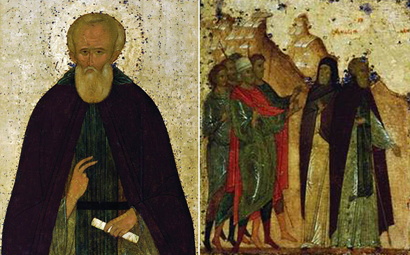 Дмитрий Прилуцкий, икона работы Дионисия. Слева средник иконы, справа увеличенное клеймо, которое показывает, как Дмитрий с Пахомием были выдворены с Лежи