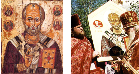 Слева новгородская икона Николая 13 века. Справа архиепископ Евлогий склонился над Волосовским образом. Сходство двух икон очевидно