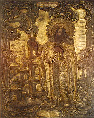 ВассианТиксненский. На окладе этой иконы позади святого видна сосна, которую почитали на Тиксненском погосте еще и в 20-м веке