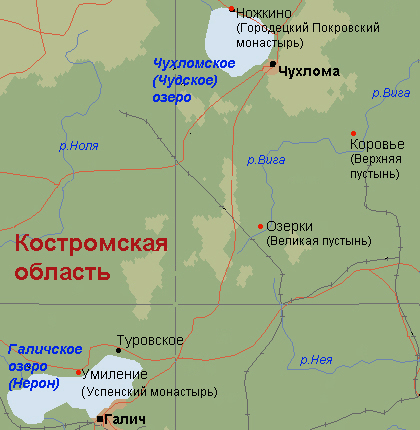 Умиление, Озерки, Коровье, Ножкино - места, где Авраамий основал монастыри