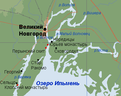 От Юрьева монастыря до Перынского скита около километра. Красная точка южнее вниз по Веряже - Клопский монастырь. О нем см. место силы № 67, Клоп