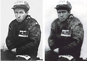 На фото слева – Александр Солженицын, постановочная съемка, произведенная женой Солженицына Натальей Решетовской уже не в лагере, а после него. На фото справа – заключенного Глеба Нержина играет Евгений Миронов. 