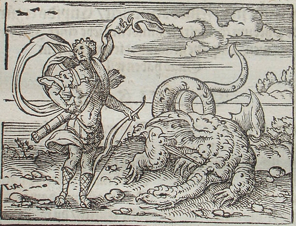 Аполлон убивает змея Пифона. Гравюра Virgil Solis для книги 1 Ovid Metamorphoses , 435-451