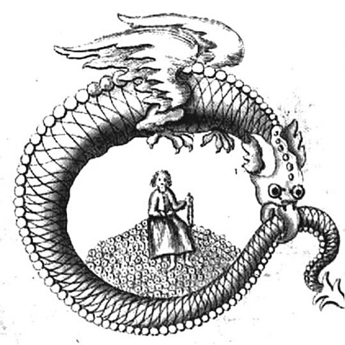 Змей Юша, держащий Землю: Мать Земля изображена сидящей на куче звёзд (анонимный немецкий манускрипт ок.1800 г.).