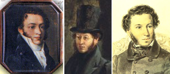 Прижизненные портреты Пушкина (слева направо) В. Тропинина, Г. Чернецова, П Соколова