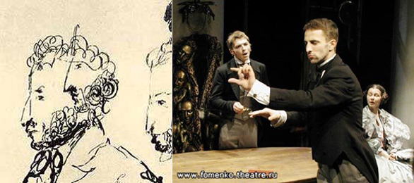 Слева рисунок Николая Гоголя, изображаюший Пушкина. Справа актер театра -мастерской Петра Фоменко изображает Импровизатора, изображающего приближение неведомой силы