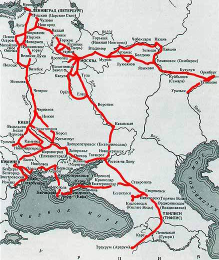 Карта путешествий Пушкина после 1820 года. Найдена в Интернете, но автор ее, к сожалению, не запомнен