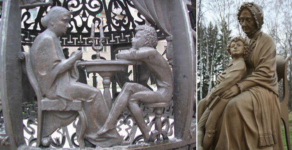 Слева маленький Пушкин, похоже, с няней, а справа - с бабушкой