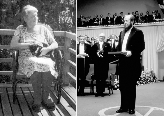 Слева Елизавета Ворнонянская, справа Александр Солженицын получает Нобелевскую премию