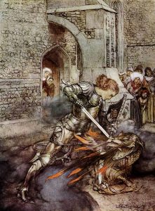 Ланселот поражает огнедышащего дракона. Артур Рэкем. 1917
