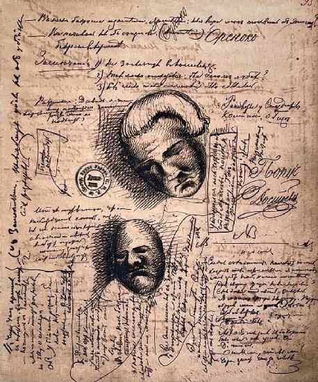 Черновик "Преступления и наказания" с рисунками Наполеона (символ зла) и "святого доктора" Гааза (символ добра)