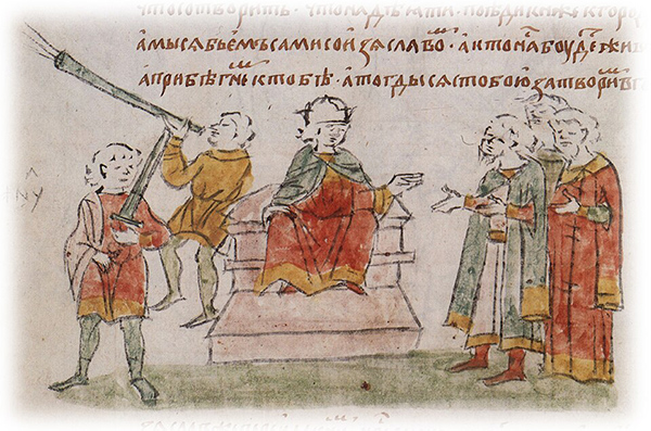 Совет галицких бояр с юным князем Ярославом Владимировичем Галицким при получении известия о походе на Галич Изяслава Мстислав